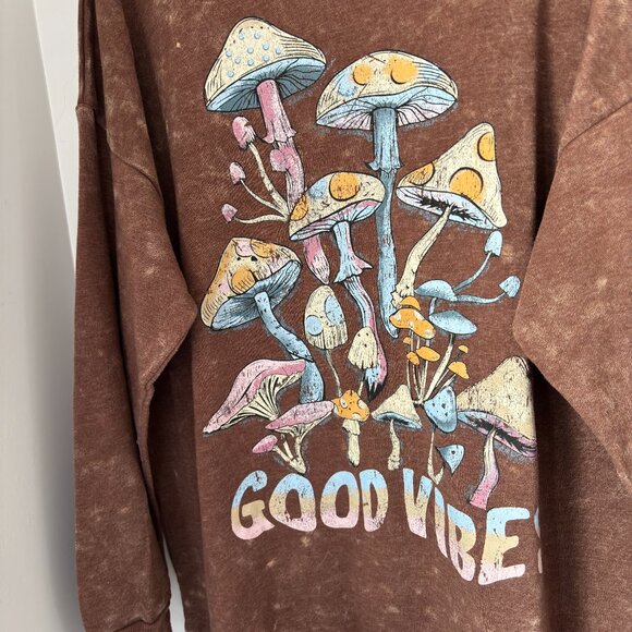 Retro 70's Y2K GOOD VIBES Brown Grunge Mushrooms Sweatshirt Ladies Size XL 15-17 - Picture 4 of 5